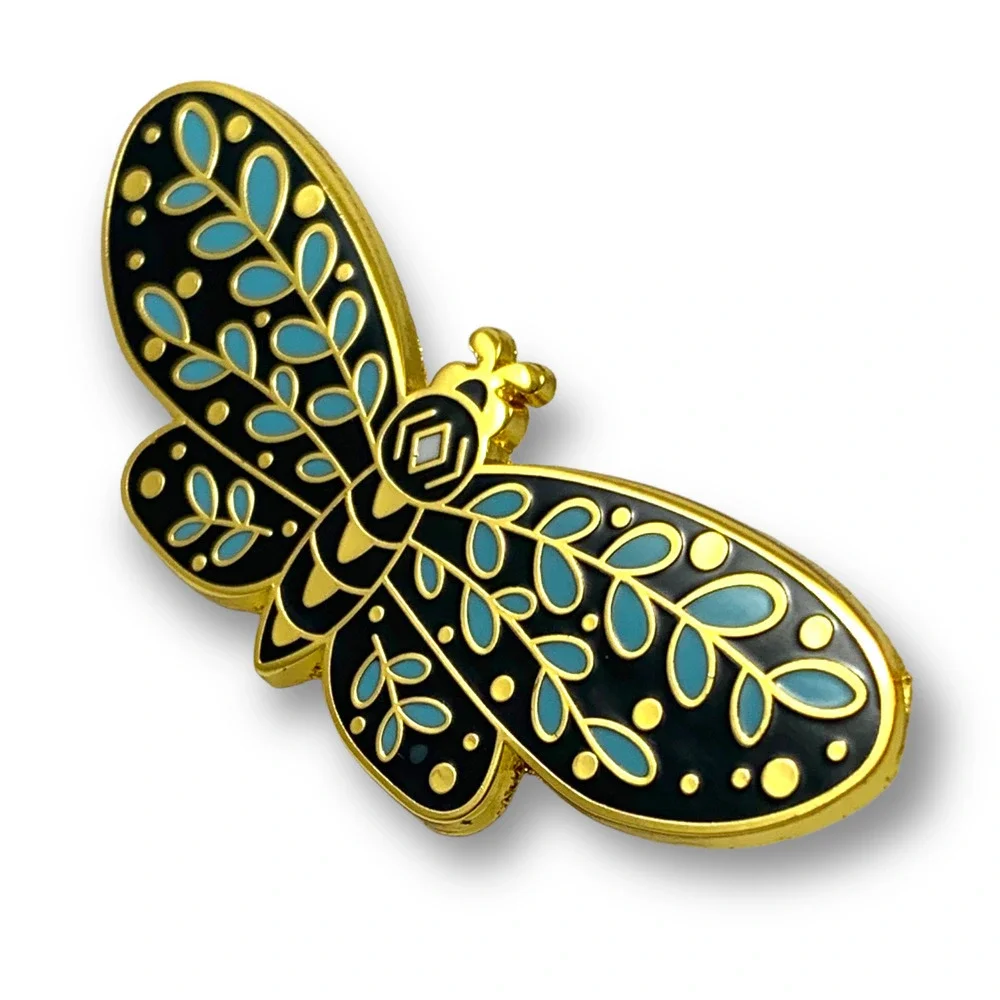 Large gold enamel moth blue eucalyptus pin - Picture 3 of 7